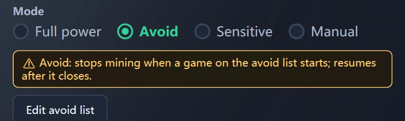 Vminer Netbar mode settings: Full power / Avoid / Sensitive / Manual