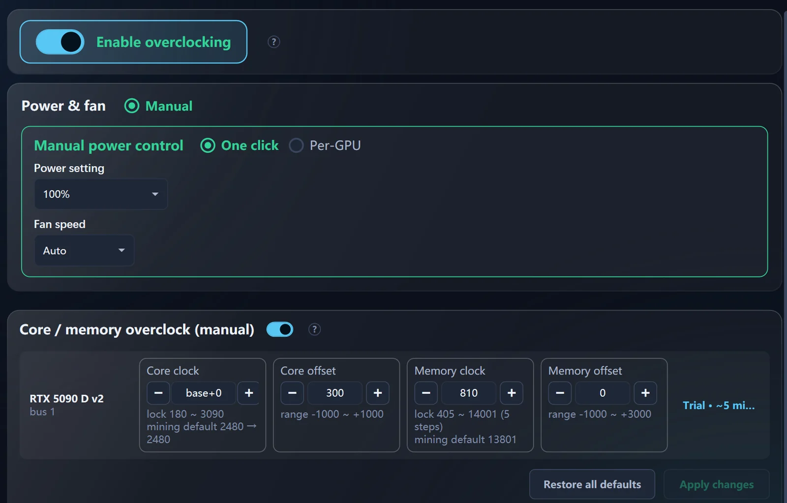 Vminer overclock settings: power and fan, core clock, core offset, memory clock, memory offset