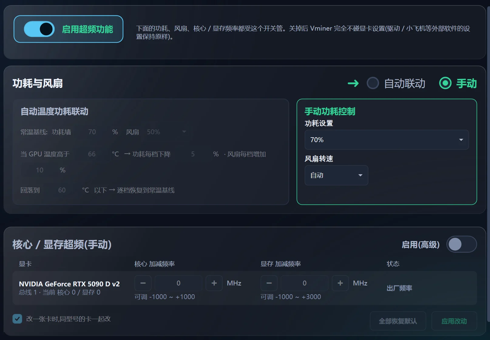 Vminer 性能调度页：超频总开关、功耗与风扇（自动联动 / 手动）、核心与显存加减频率