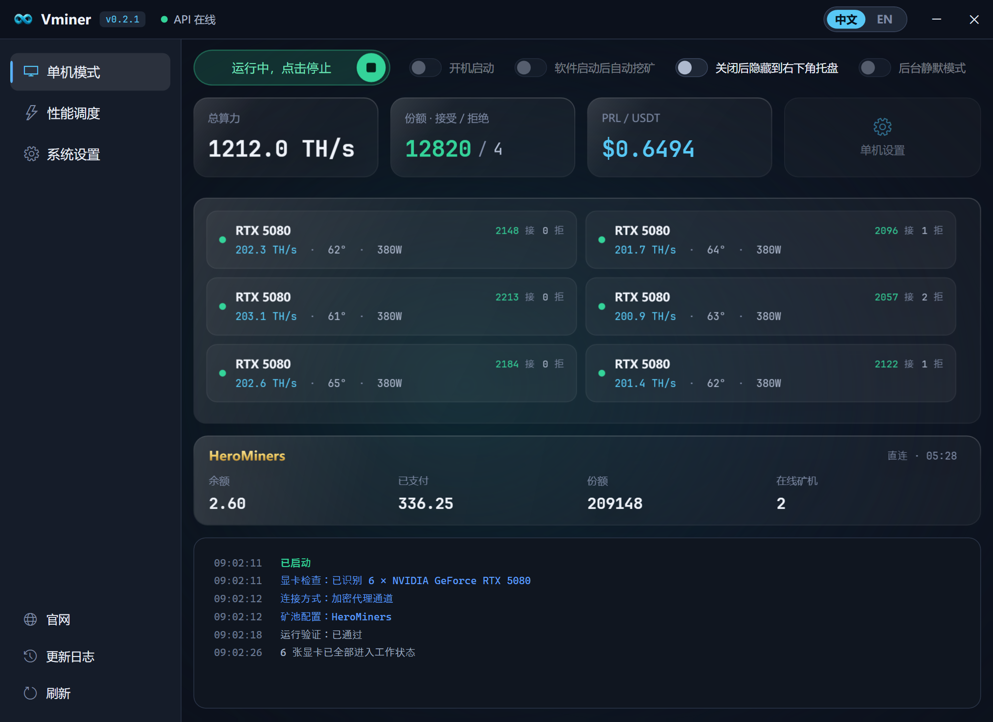 Vminer 客户端界面截图：实时算力、币价与运行日志